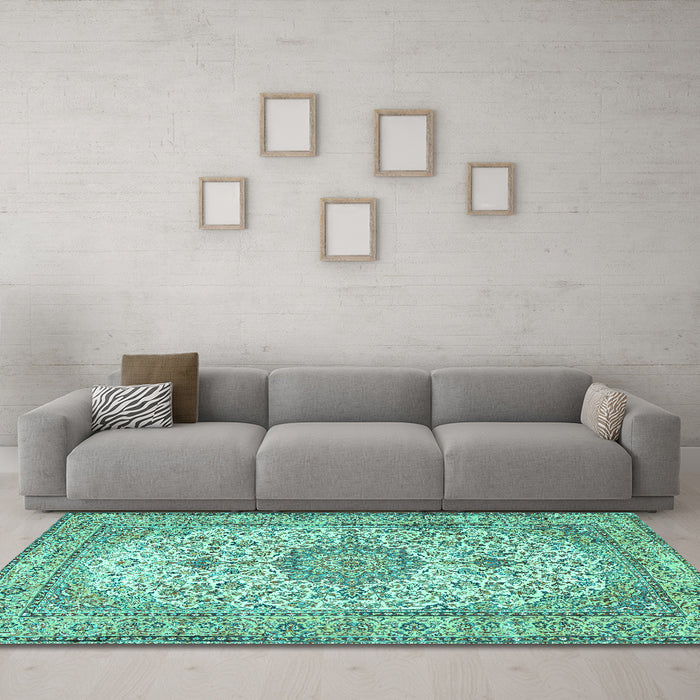 Machine Washable Medallion Turquoise Traditional Area Rugs in a Living Room,, wshtr4831turq