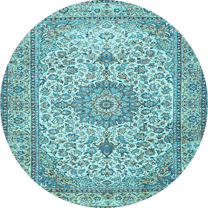 Round Machine Washable Medallion Light Blue Traditional Rug, wshtr4831lblu