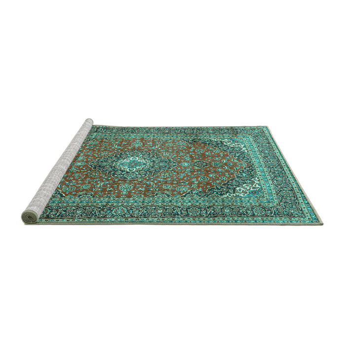Sideview of Machine Washable Medallion Turquoise Traditional Area Rugs, wshtr4833turq
