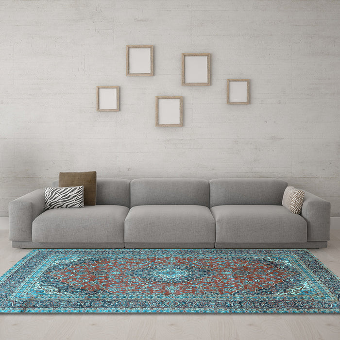 Machine Washable Medallion Light Blue Traditional Rug in a Living Room, wshtr4833lblu
