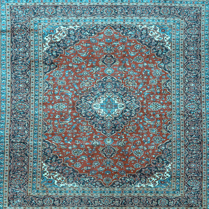 Square Machine Washable Medallion Light Blue Traditional Rug, wshtr4833lblu