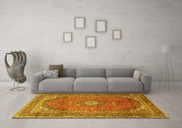 Machine Washable Medallion Yellow Traditional Rug in a Living Room, wshtr4833yw