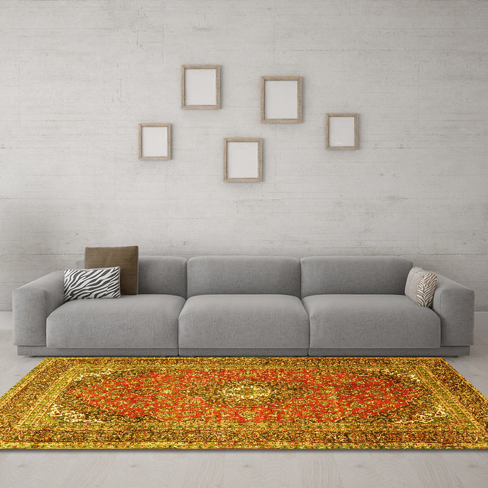 Machine Washable Medallion Yellow Traditional Rug in a Living Room, wshtr4833yw