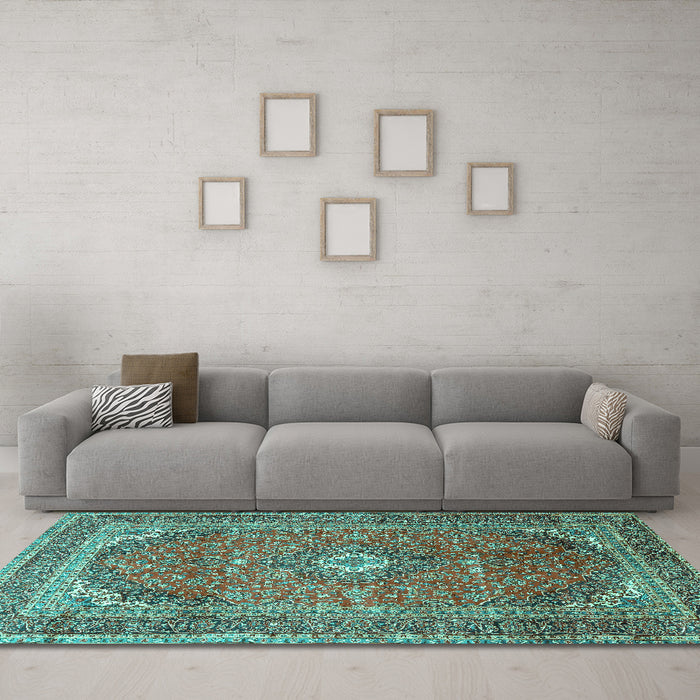 Machine Washable Medallion Turquoise Traditional Area Rugs in a Living Room,, wshtr4833turq