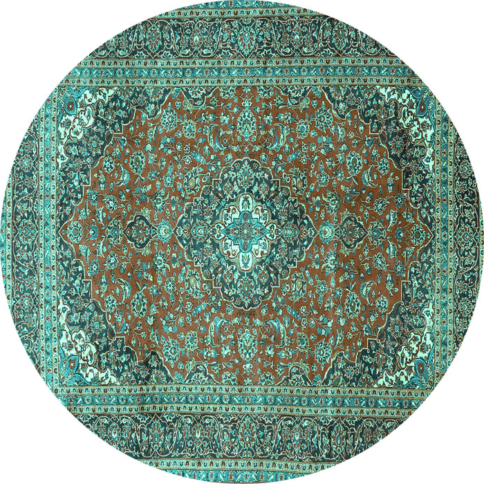 Round Machine Washable Medallion Turquoise Traditional Area Rugs, wshtr4833turq