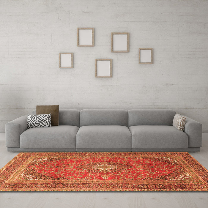 Machine Washable Medallion Orange Traditional Area Rugs in a Living Room, wshtr4833org