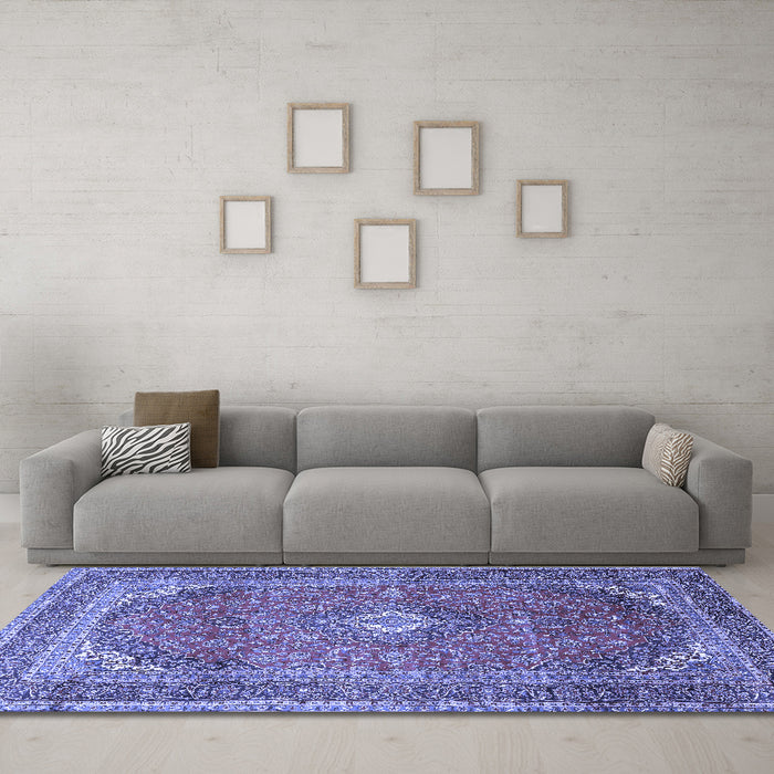 Machine Washable Medallion Blue Traditional Rug in a Living Room, wshtr4833blu