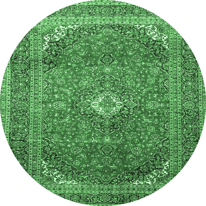 Round Machine Washable Medallion Emerald Green Traditional Area Rugs, wshtr4833emgrn