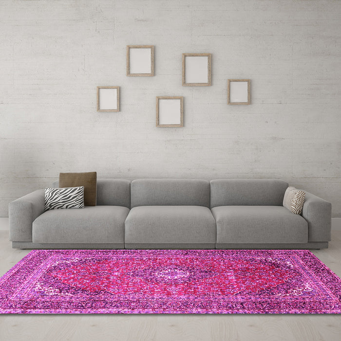 Machine Washable Medallion Pink Traditional Rug in a Living Room, wshtr4833pnk