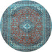 Round Machine Washable Medallion Light Blue Traditional Rug, wshtr4833lblu