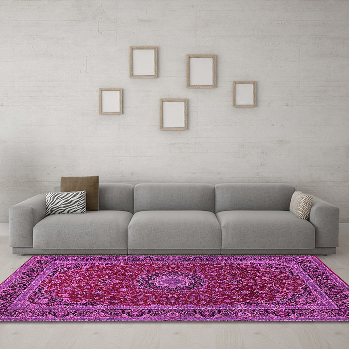 Machine Washable Medallion Pink Traditional Rug in a Living Room, wshtr483pnk
