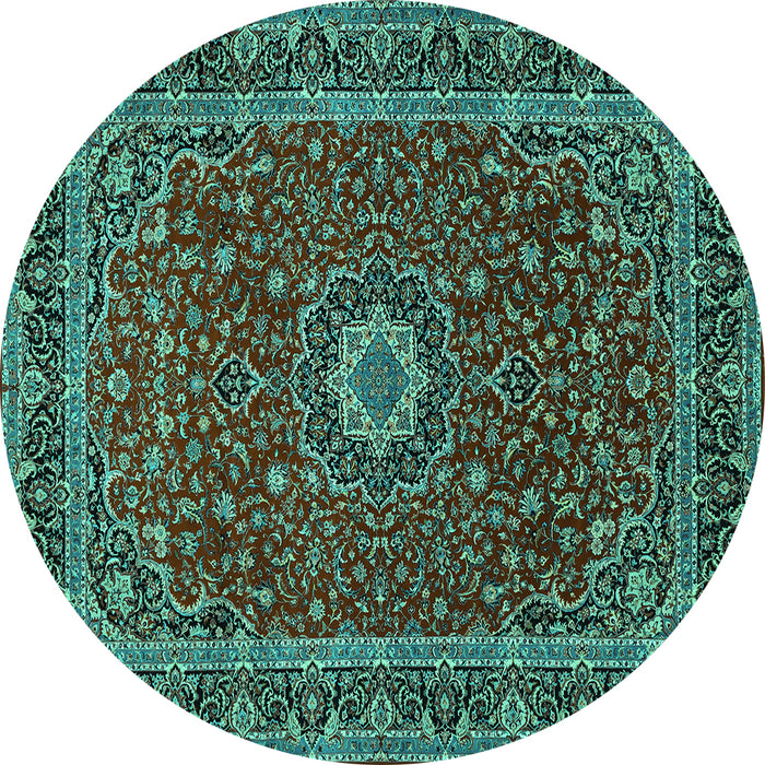 Round Machine Washable Medallion Turquoise Traditional Area Rugs, wshtr483turq