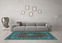 Machine Washable Medallion Light Blue Traditional Rug, wshtr483lblu