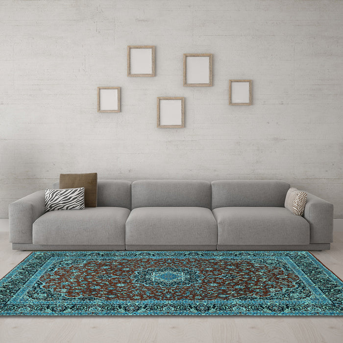 Machine Washable Medallion Light Blue Traditional Rug in a Living Room, wshtr483lblu
