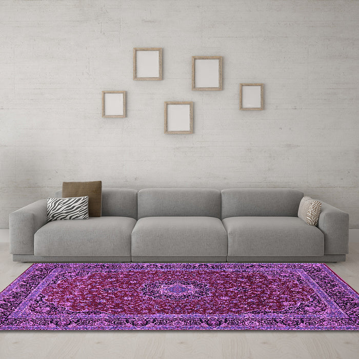 Machine Washable Medallion Purple Traditional Area Rugs in a Living Room, wshtr483pur