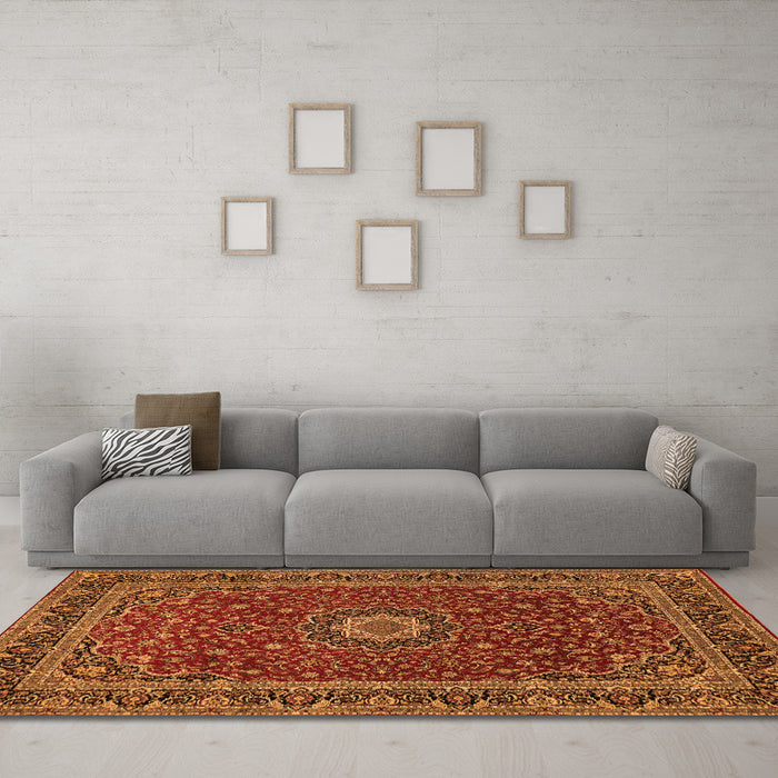 Machine Washable Medallion Orange Traditional Area Rugs in a Living Room, wshtr483org