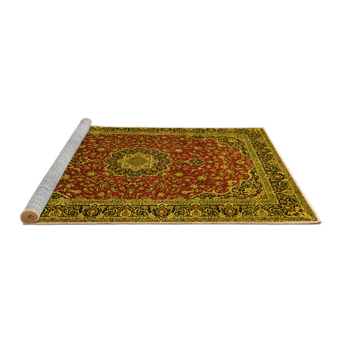 Sideview of Machine Washable Medallion Yellow Traditional Rug, wshtr483yw