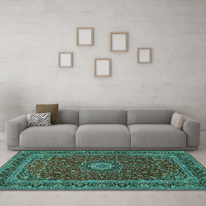Machine Washable Medallion Turquoise Traditional Area Rugs in a Living Room,, wshtr483turq