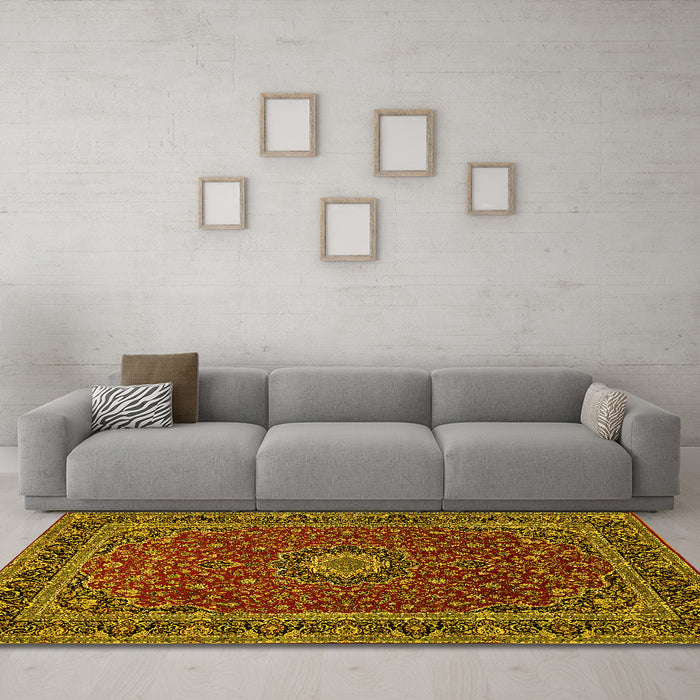 Machine Washable Medallion Yellow Traditional Rug in a Living Room, wshtr483yw