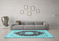 Machine Washable Medallion Light Blue Traditional Rug, wshtr484lblu