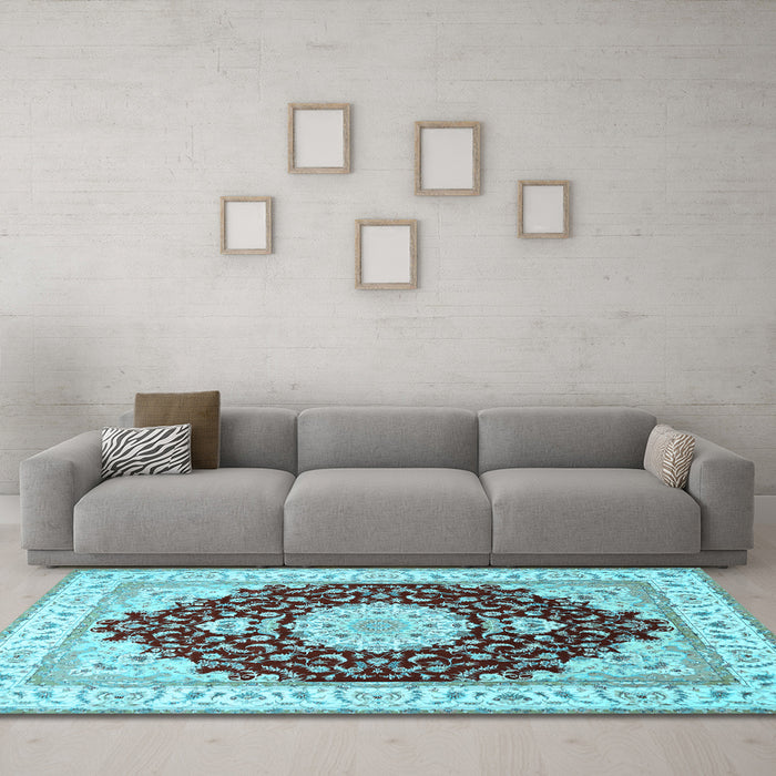 Machine Washable Medallion Light Blue Traditional Rug in a Living Room, wshtr484lblu