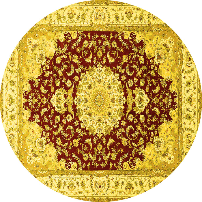 Round Machine Washable Medallion Yellow Traditional Rug, wshtr484yw