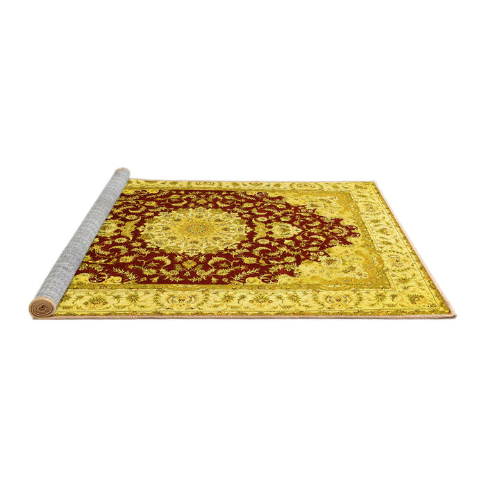 Sideview of Machine Washable Medallion Yellow Traditional Rug, wshtr484yw