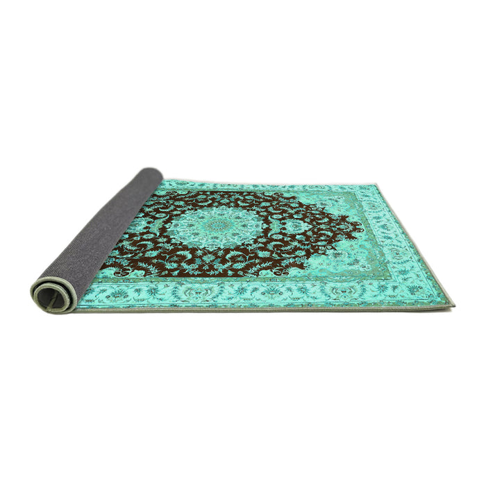 Sideview of Medallion Turquoise Traditional Rug, tr484turq