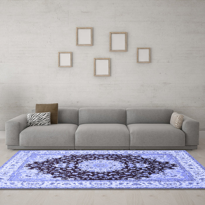 Machine Washable Medallion Blue Traditional Rug in a Living Room, wshtr484blu