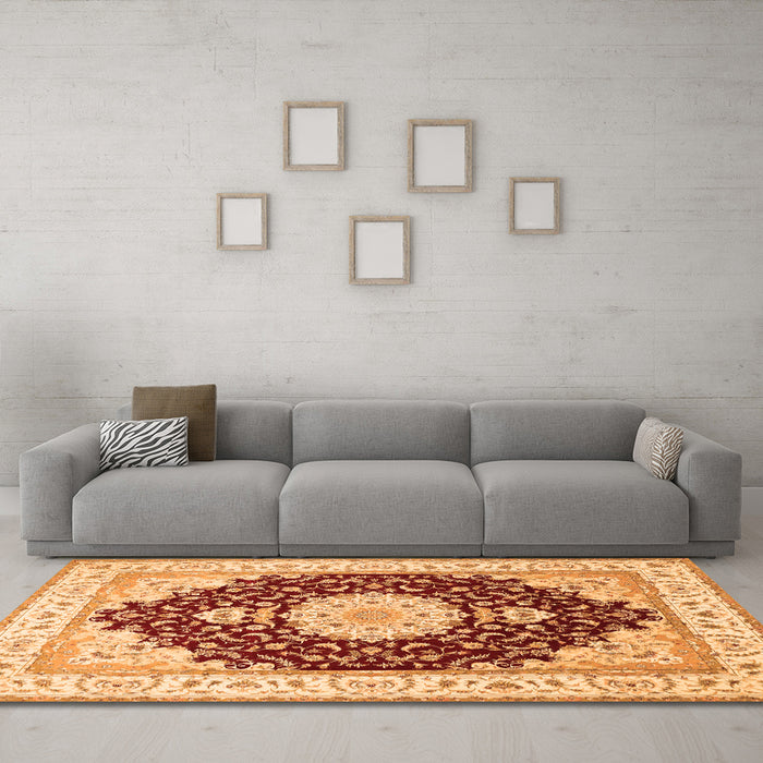 Machine Washable Medallion Orange Traditional Area Rugs in a Living Room, wshtr484org
