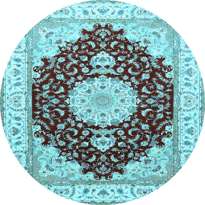 Round Machine Washable Medallion Light Blue Traditional Rug, wshtr484lblu