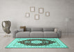 Machine Washable Medallion Turquoise Traditional Area Rugs in a Living Room,, wshtr484turq