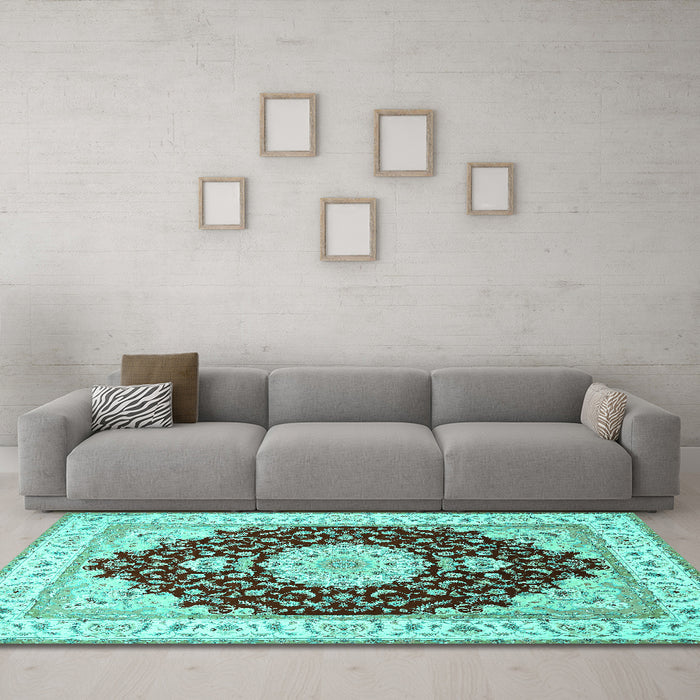 Machine Washable Medallion Turquoise Traditional Area Rugs in a Living Room,, wshtr484turq