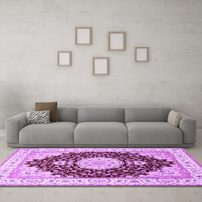 Machine Washable Medallion Purple Traditional Area Rugs in a Living Room, wshtr484pur