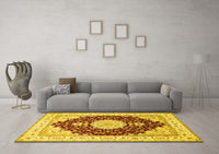 Machine Washable Medallion Yellow Traditional Rug, wshtr484yw