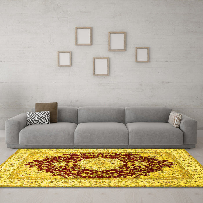Machine Washable Medallion Yellow Traditional Rug in a Living Room, wshtr484yw
