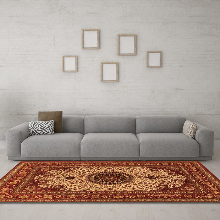 Machine Washable Medallion Orange Traditional Area Rugs in a Living Room, wshtr485org