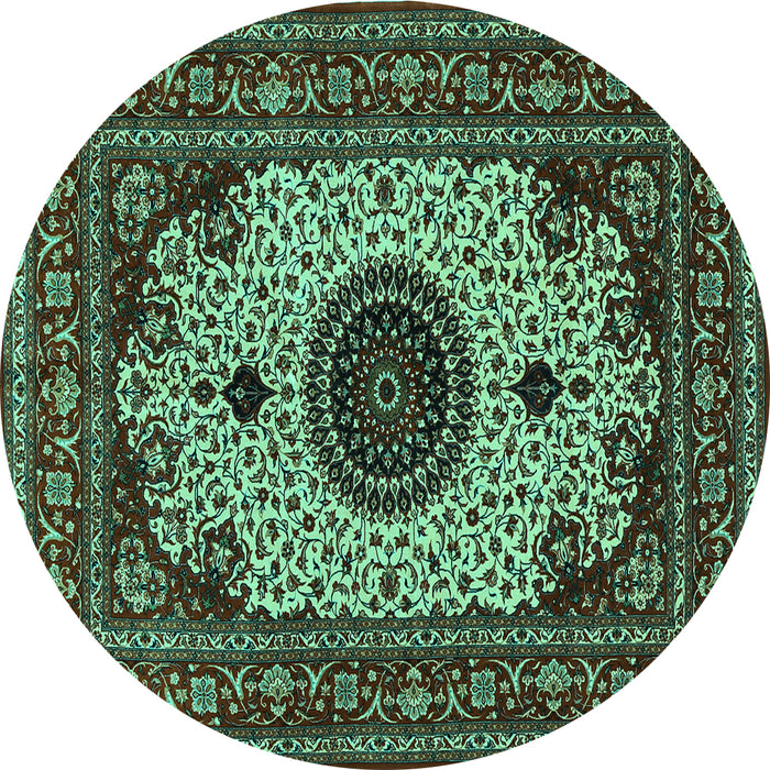 Round Machine Washable Medallion Turquoise Traditional Area Rugs, wshtr485turq