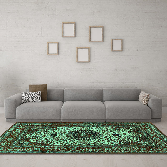 Machine Washable Medallion Turquoise Traditional Area Rugs in a Living Room,, wshtr485turq