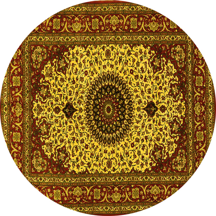 Round Machine Washable Medallion Yellow Traditional Rug, wshtr485yw