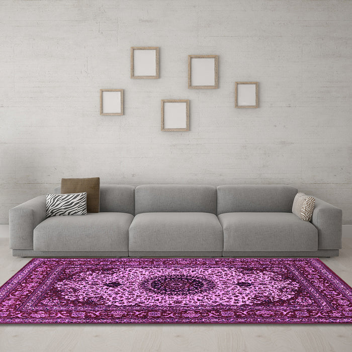 Machine Washable Medallion Purple Traditional Area Rugs in a Living Room, wshtr485pur
