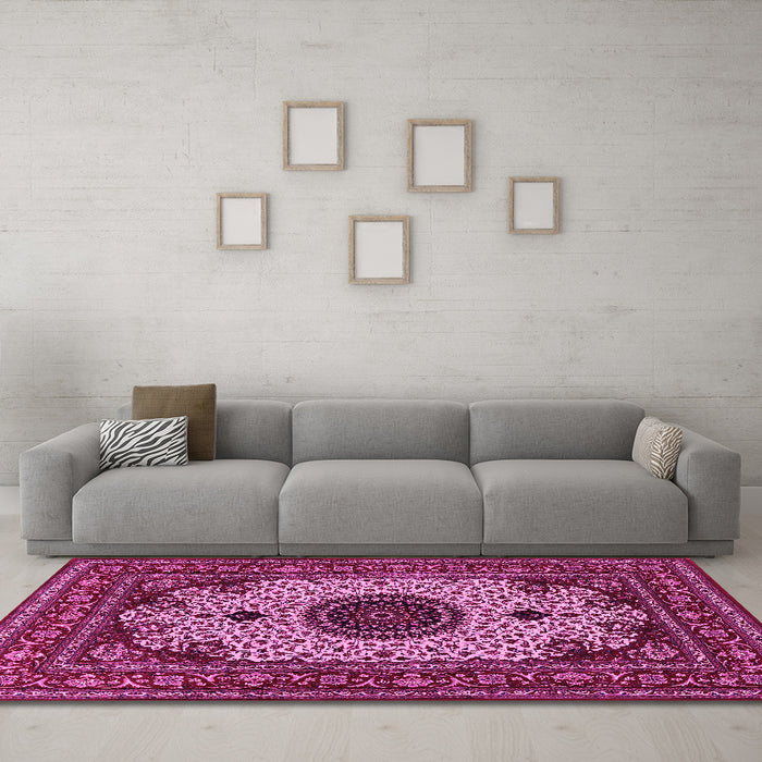 Machine Washable Medallion Pink Traditional Rug in a Living Room, wshtr485pnk