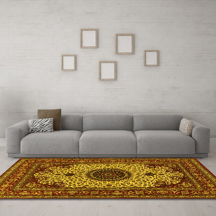 Machine Washable Medallion Yellow Traditional Rug in a Living Room, wshtr485yw