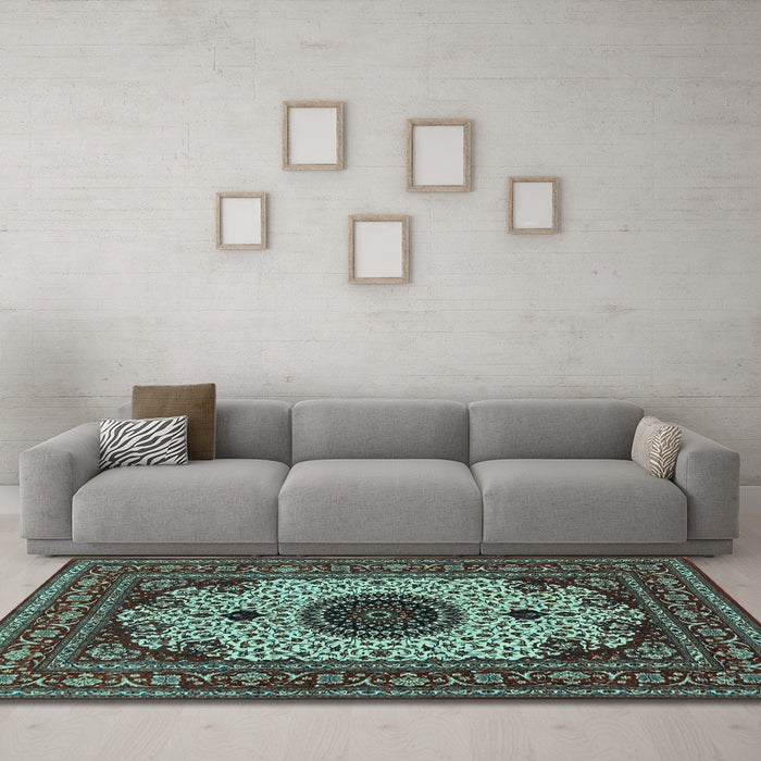 Machine Washable Medallion Light Blue Traditional Rug in a Living Room, wshtr485lblu