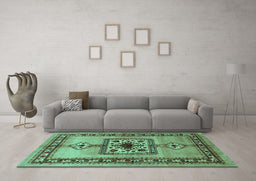 Machine Washable Persian Turquoise Traditional Area Rugs in a Living Room,, wshtr486turq