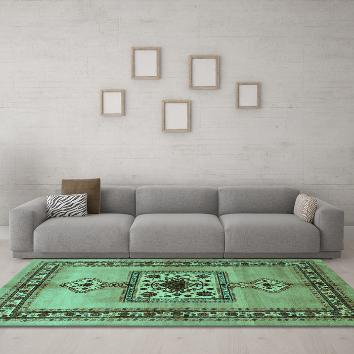 Machine Washable Persian Turquoise Traditional Area Rugs in a Living Room,, wshtr486turq