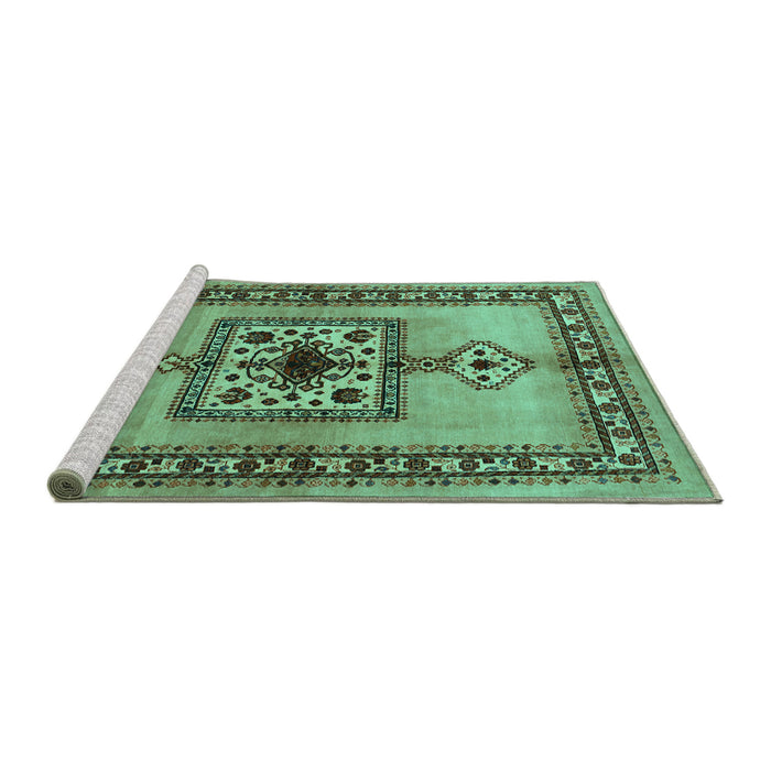 Sideview of Machine Washable Persian Turquoise Traditional Area Rugs, wshtr486turq