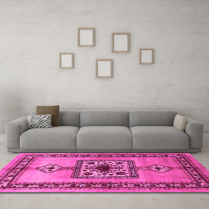Machine Washable Persian Pink Traditional Rug in a Living Room, wshtr486pnk
