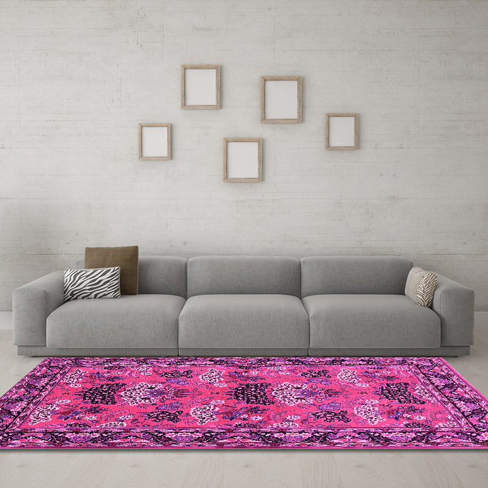 Machine Washable Persian Pink Traditional Rug in a Living Room, wshtr487pnk