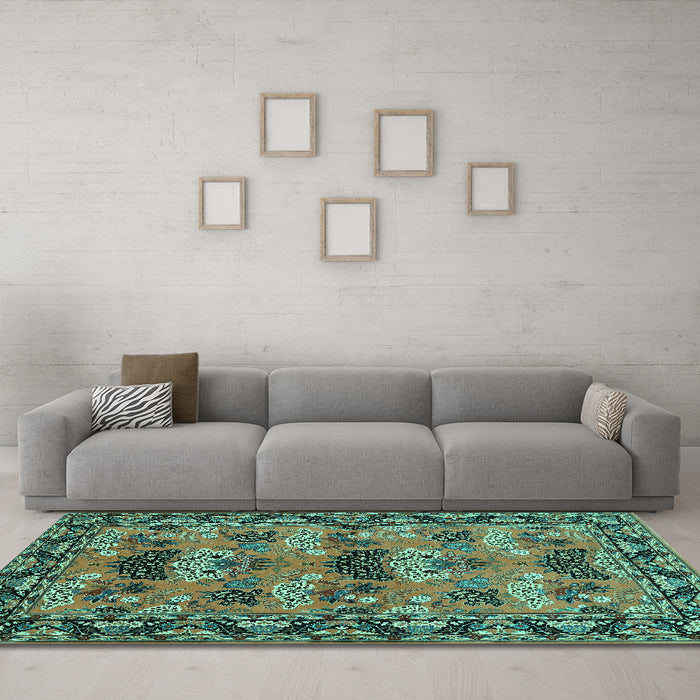Machine Washable Persian Turquoise Traditional Area Rugs in a Living Room,, wshtr487turq